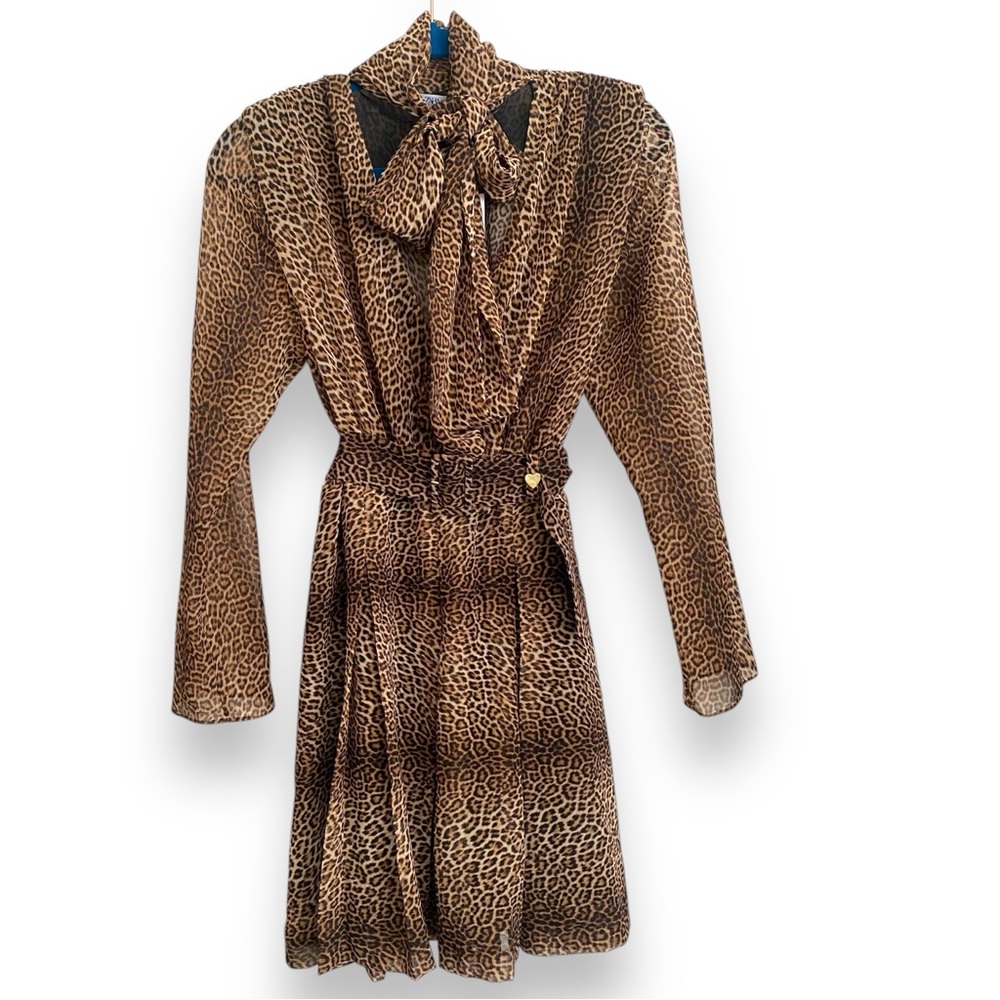 Zara Shear Cheetah Animal Print Front Tie Long Sleeve Mini V Neck Belted Dress - Picture 2 of 12